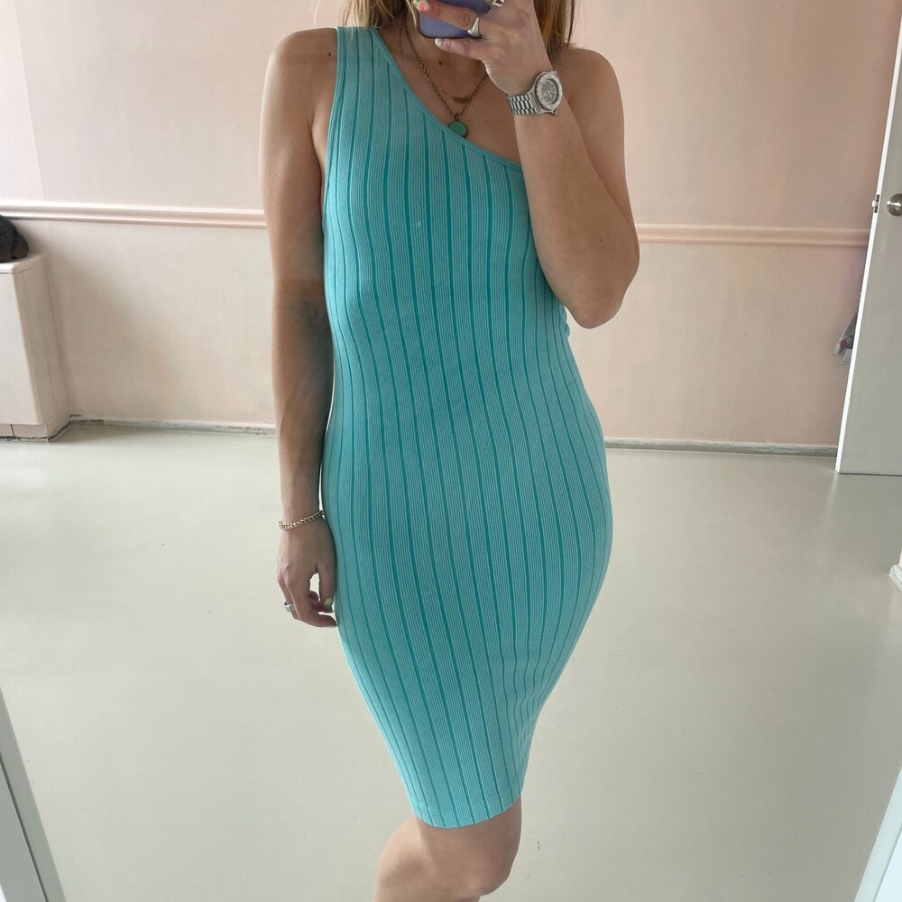 Zara One Shoulder Ribbed Bodycon Mini Dress Blue XS